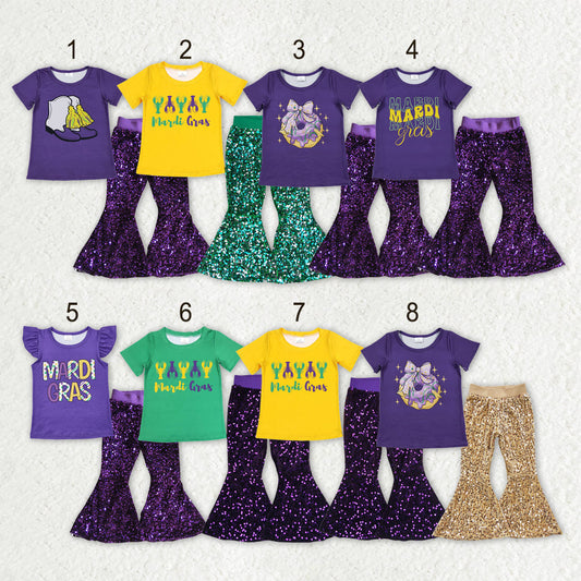 Sibling Baby Girls Mardigras Top Sequin Bell Bottom Pants Clothes Sets