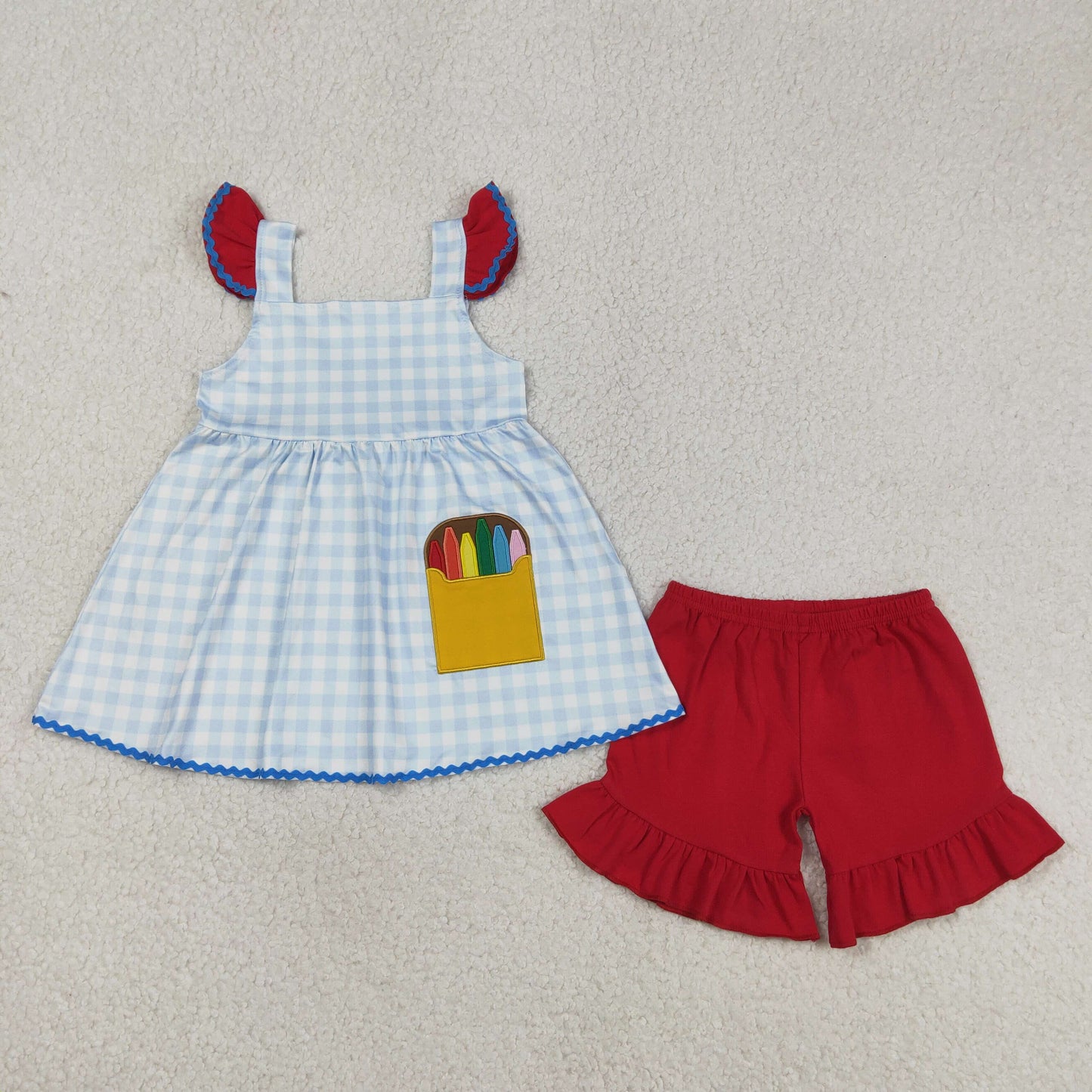 Sibling Baby Boys Girls Embroidery Apple Pencils Pockets Short Back to School Sets