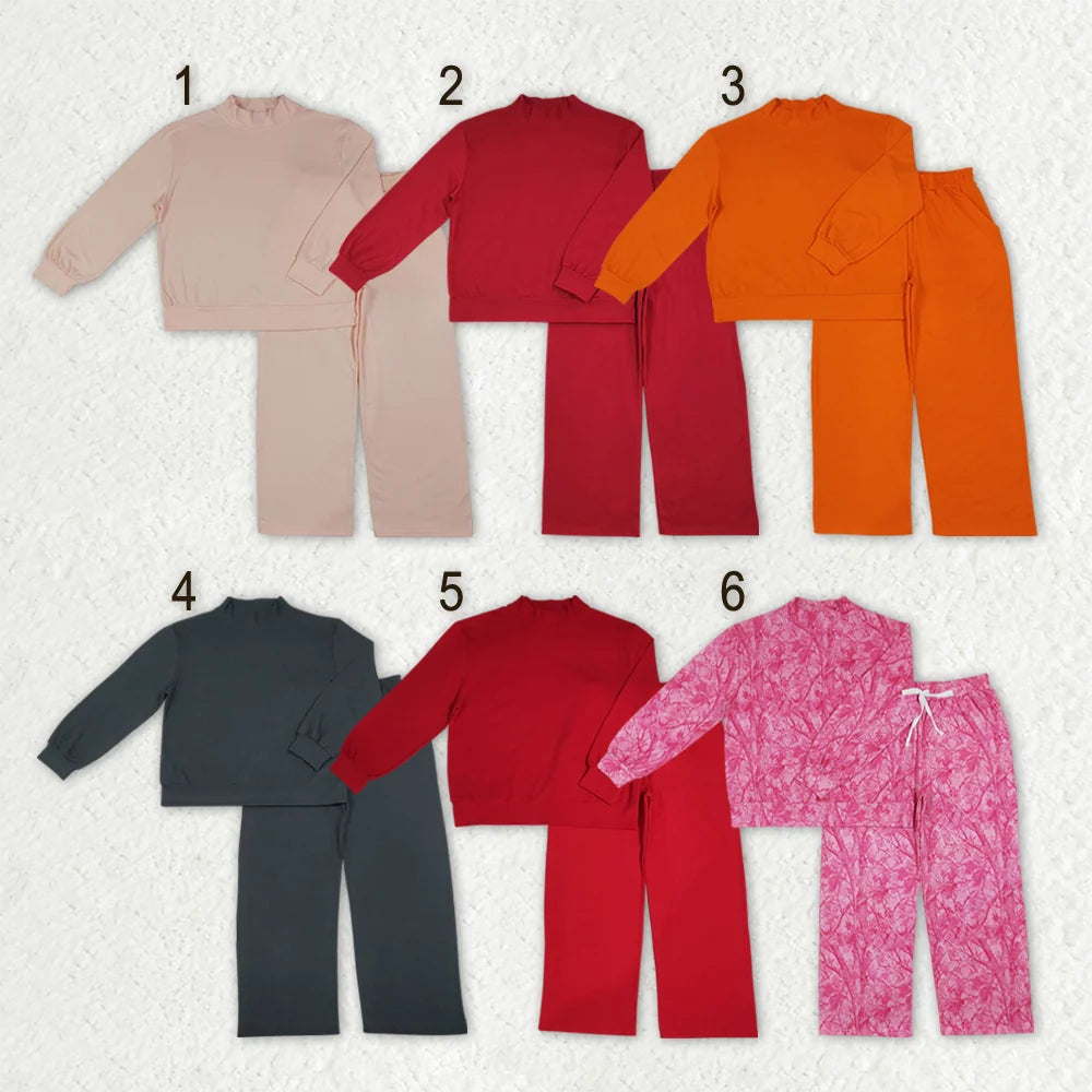 Sibling Adult Solid Color Cotton Mock Neck Long Sleeve Top Wide Leg Pants Outfit