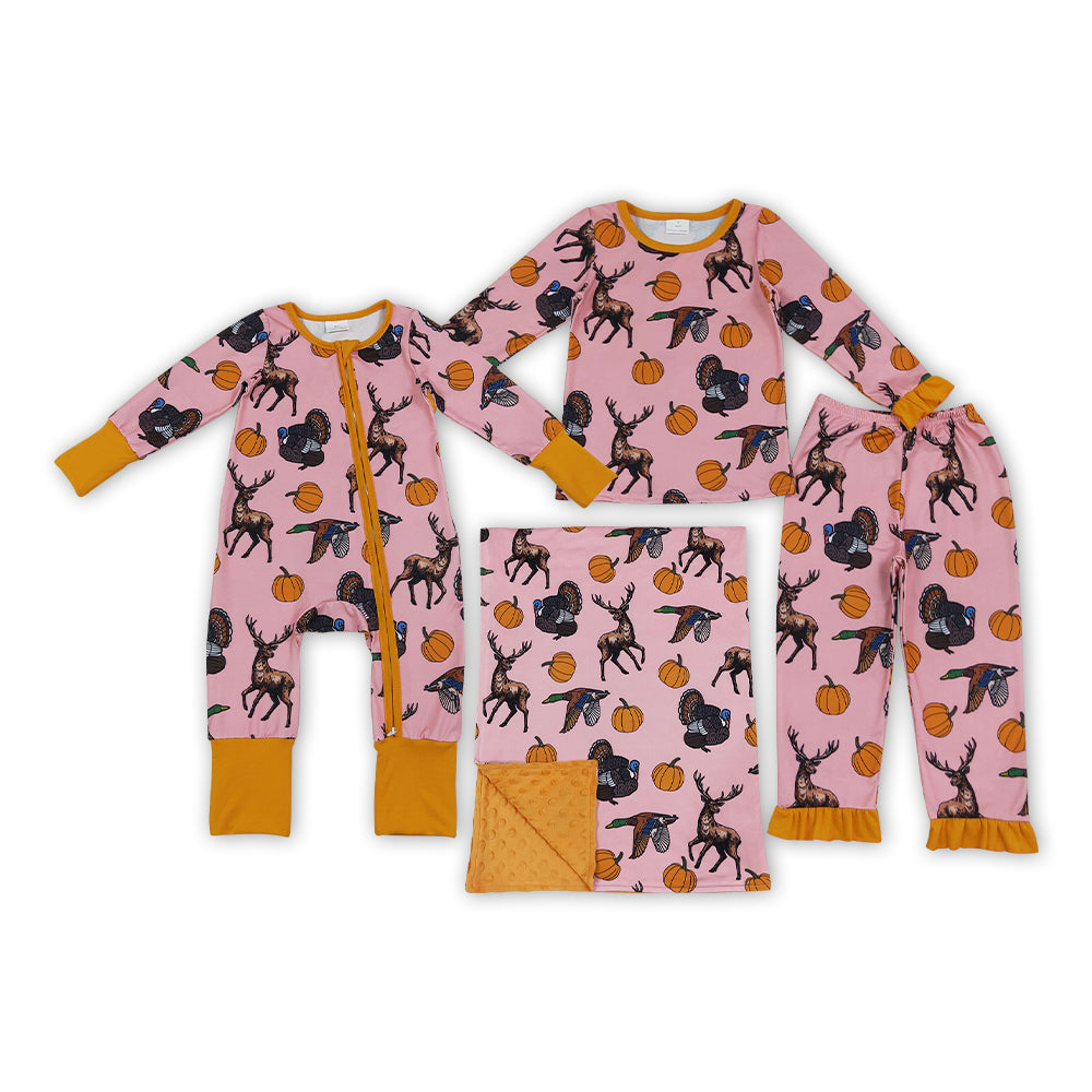 Sibling Baby Girls Hunting  Deer Duck Pumpkin Pajama Set Romper Blanket