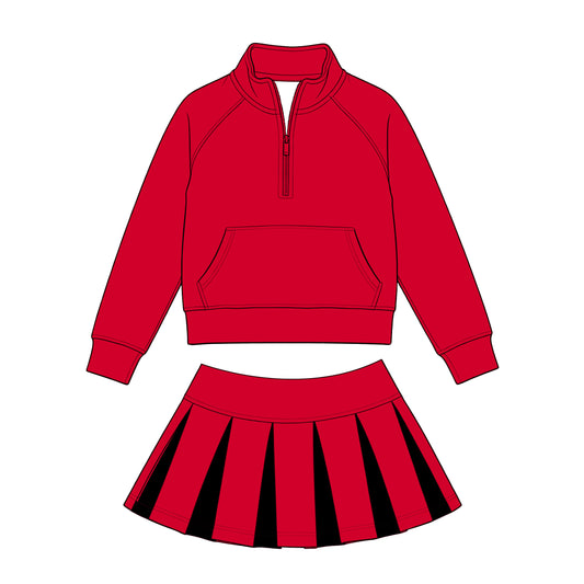 (Custom Design Preorder MOQ 5) Kids Girls Sport Team Red Long Sleeve Pullover Top with Skort Outfit