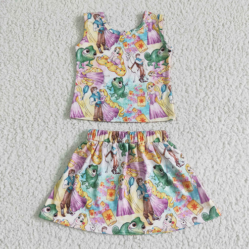 Sibling Baby Girls Cartoon Short Sleeve Top with Skirt Outfit