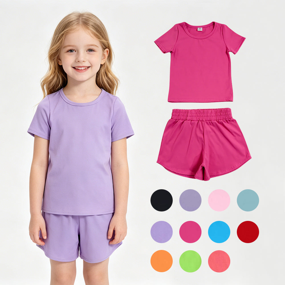 11 Solid Colors Short Sleeve Top Shorts Girls Summer Yoga Clothes Set Sisters Active Sports Wear