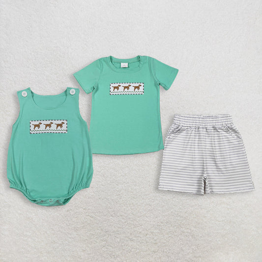 Sibling Baby Boys Embroidery Dogs Top Pockets Stripe Shorts Hunting Clothes Set Rompers