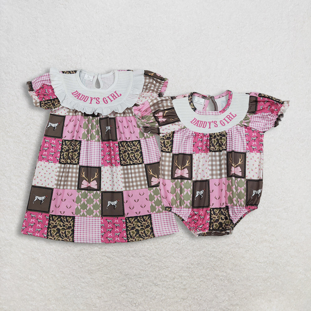 Sibling Smocked Daddy's Girl Bows Deer Checked Hunting Knee Length Dress Ruffle Rompers