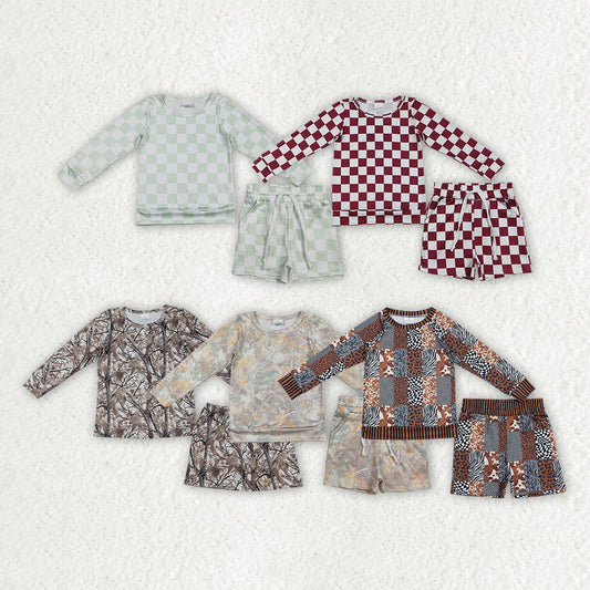 Sibling Baby Girls Long Sleeve Checked Camo Print Top Shorts Pajamas Clothes Sets