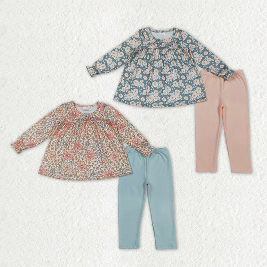Sibling Baby Girls Colorful Flowers Collar Tunic Legging Pants Clothes Sets