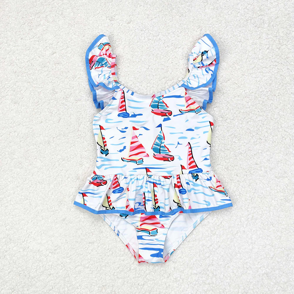 Baby Girls Blue Boats Bow Top Bummie Bows Swimsuits