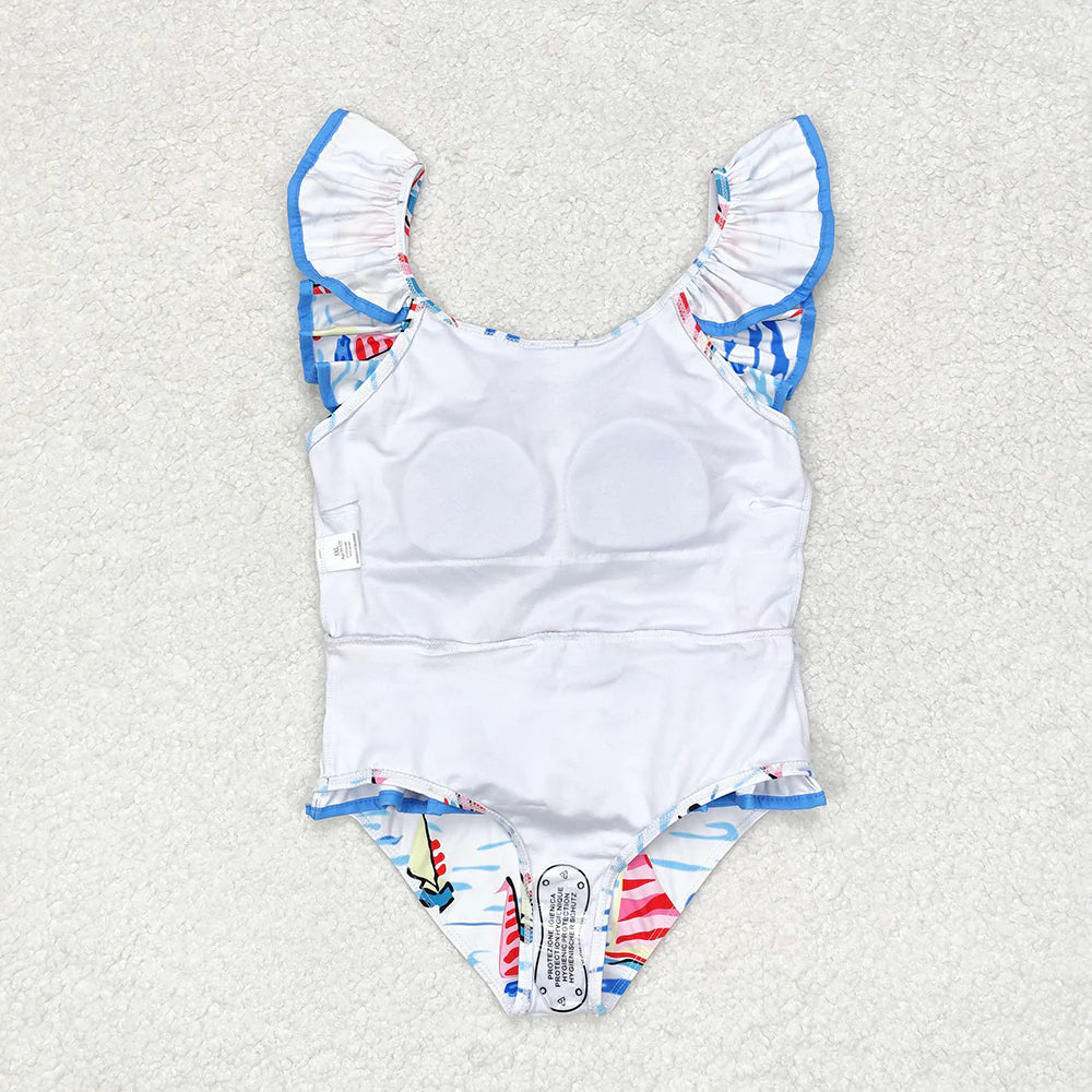 Baby Girls Blue Boats Bow Top Bummie Bows Swimsuits