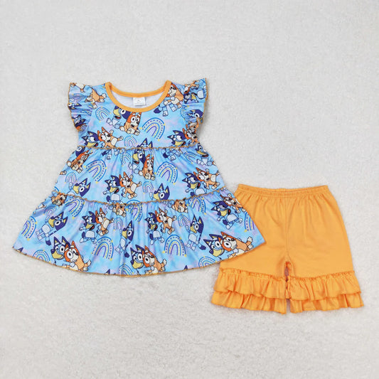 Baby Girls Dog Rainbow Flutter Sleeve Top Ruffle Shorts Outfit