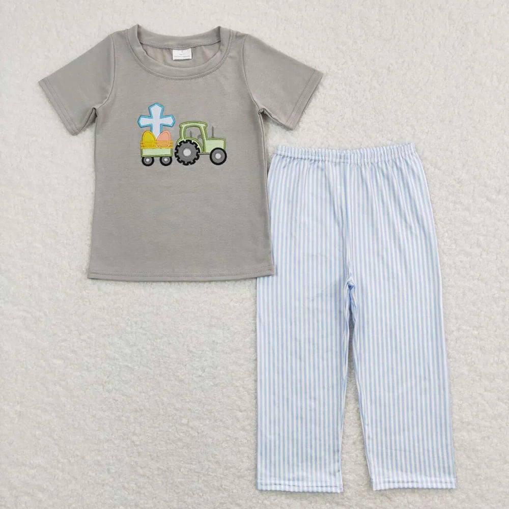 Sibling Baby Girls Boys Easter Egg Tractor Heart  Short Sleeve Top Pants Outfit Romper