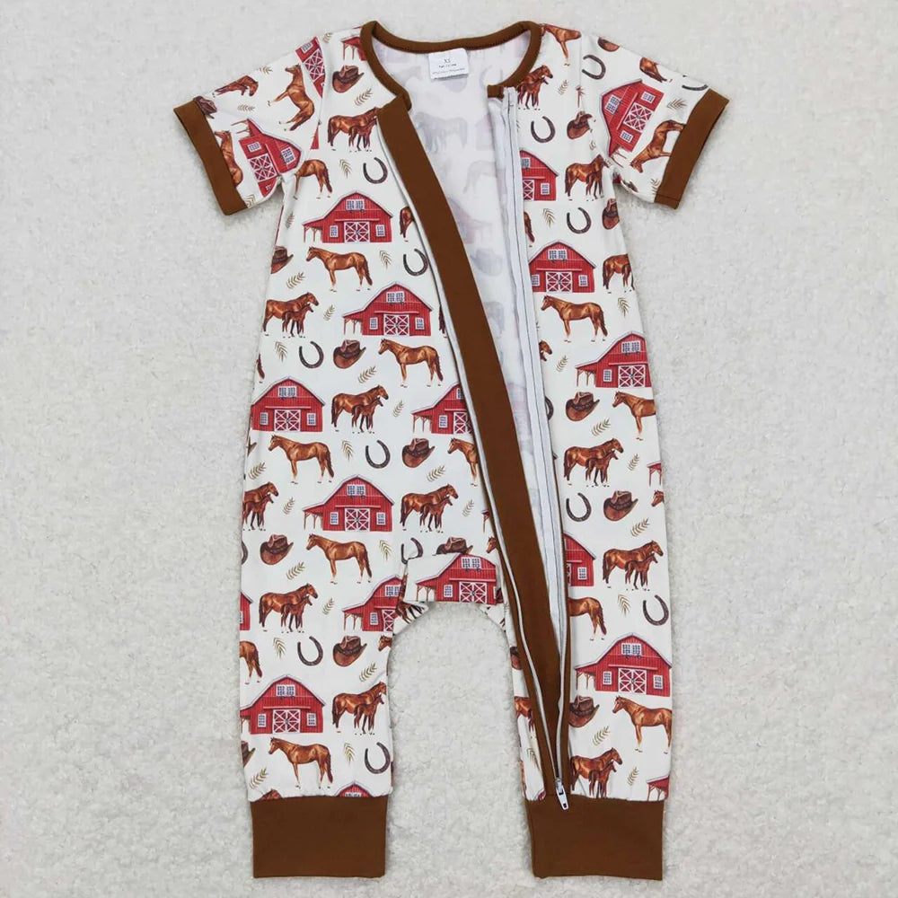 SR0509 Baby Boys Farm Horse Short Sleeve Zipper Romper