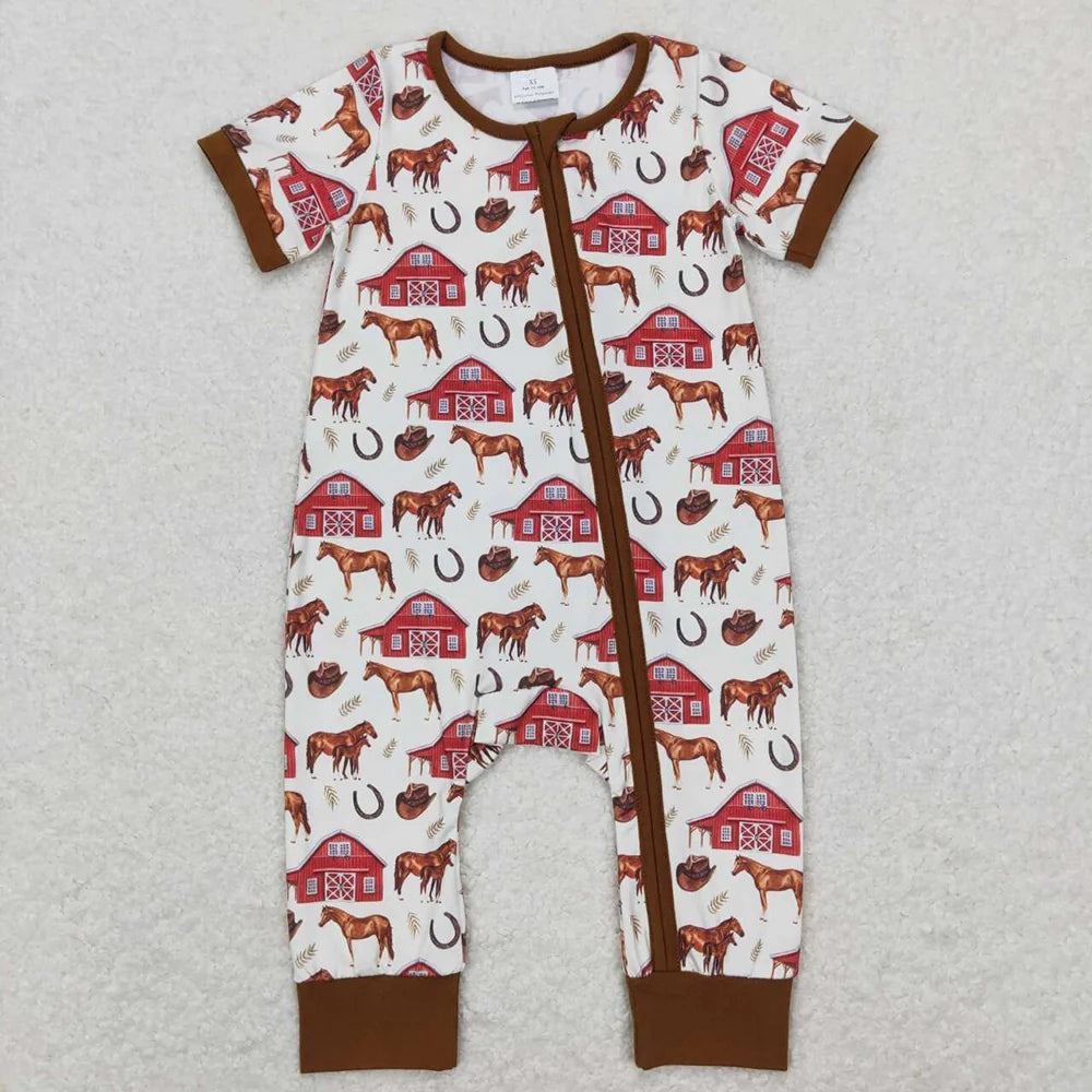 SR0509 Baby Boys Farm Horse Short Sleeve Zipper Romper