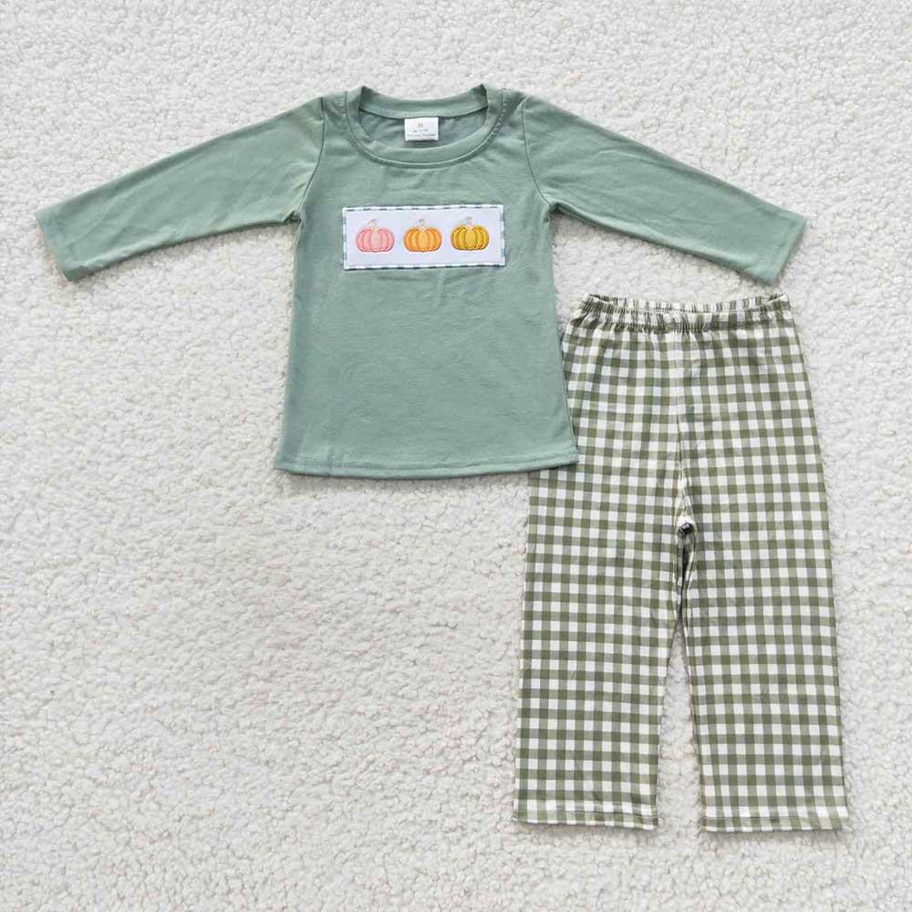 Baby Boys Embroidery Pumpkin Top Gingham Pants Outfit