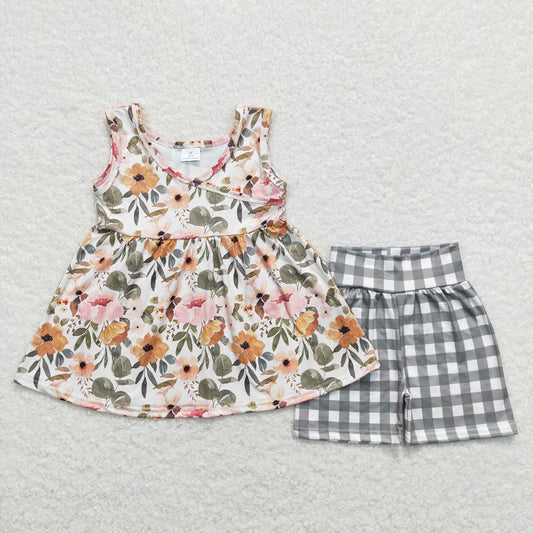 Baby Girls Green Floral Tunic Top Checkered Shorts Clothes Sets