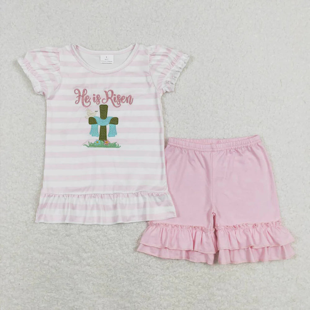 Baby Girls Boys Easter He Is Risen Cotton Embroidery Sibling Outfit Romper
