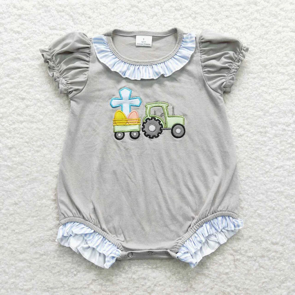 Sibling Baby Girls Boys Easter Egg Tractor Heart  Short Sleeve Top Pants Outfit Romper