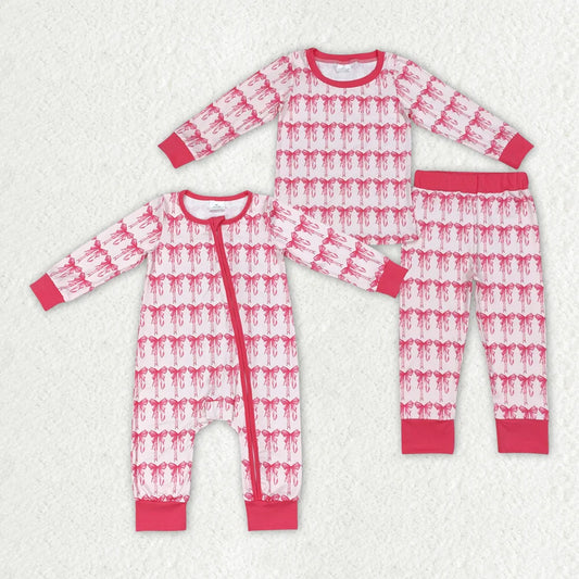 Sibling Baby Girls Bow Long Sleeve Pajama Set Zipprt Romper