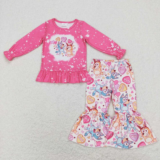 Sibling Baby Girls Valentine Cartoon Dog Heart Outfit Dress and Zipper Romper