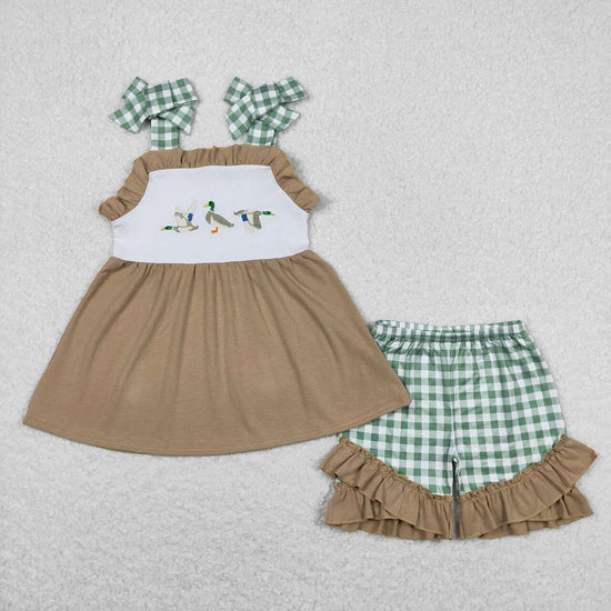 Boys Sibling Ducks Tunic Green Checkered Shorts Rompers Outfits Clothes Sets