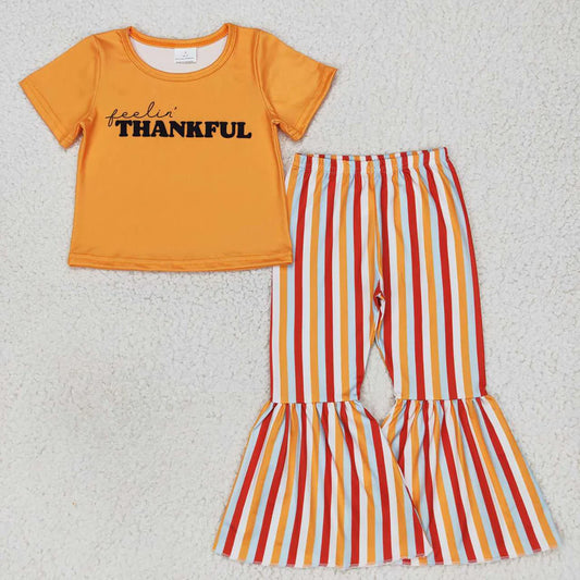 GSPO0883 Thankful Top Stripes Bell Pants Girls Thanksgiving Clothes Set
