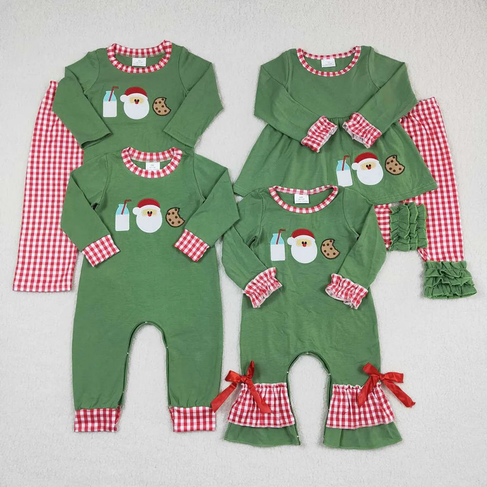 Cookies Santa Milk Embroidery Red Checkered Green Kids Christmas Matching Clothes Sibling Wear