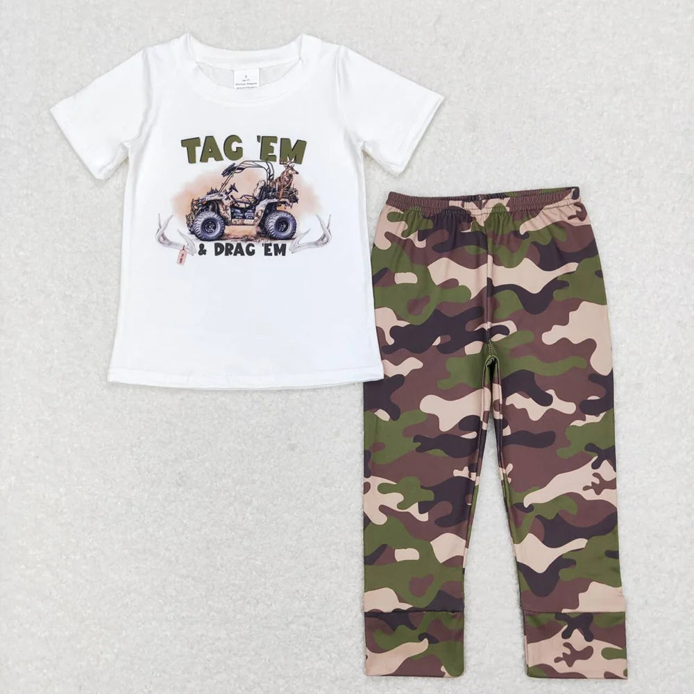 Baby Boys Tractor Short Sleeve White Top Camo Pants Outfit