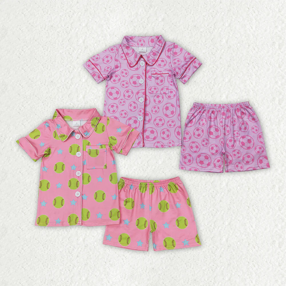 Sibling Baby Girls Pink Sports Buttons Top Shorts Pajamas Outfits