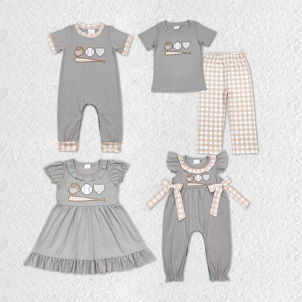 Sibling Baby  Girls Boys Baseball Embrodiery Outfit Dress and Romper