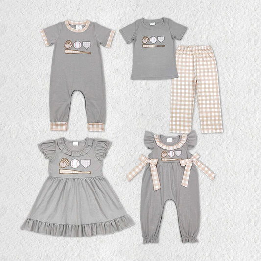 Sibling Baby  Girls Boys Baseball Embrodiery Outfit Dress and Romper