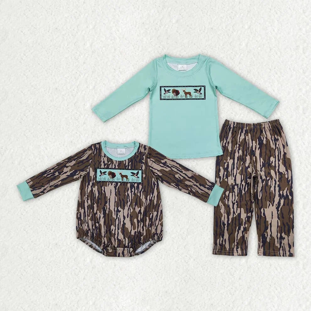 Sibling Baby Boys Turkey Duck Southern Wood Camo Hunting Rompers Sets
