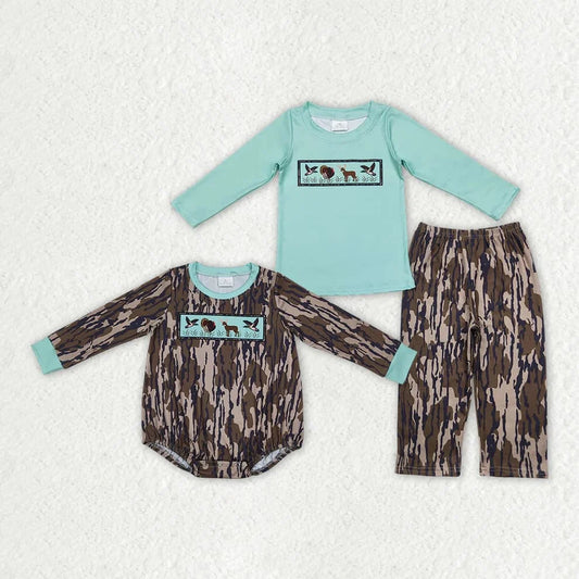 Sibling Baby Boys Turkey Duck Southern Wood Camo Hunting Rompers Sets