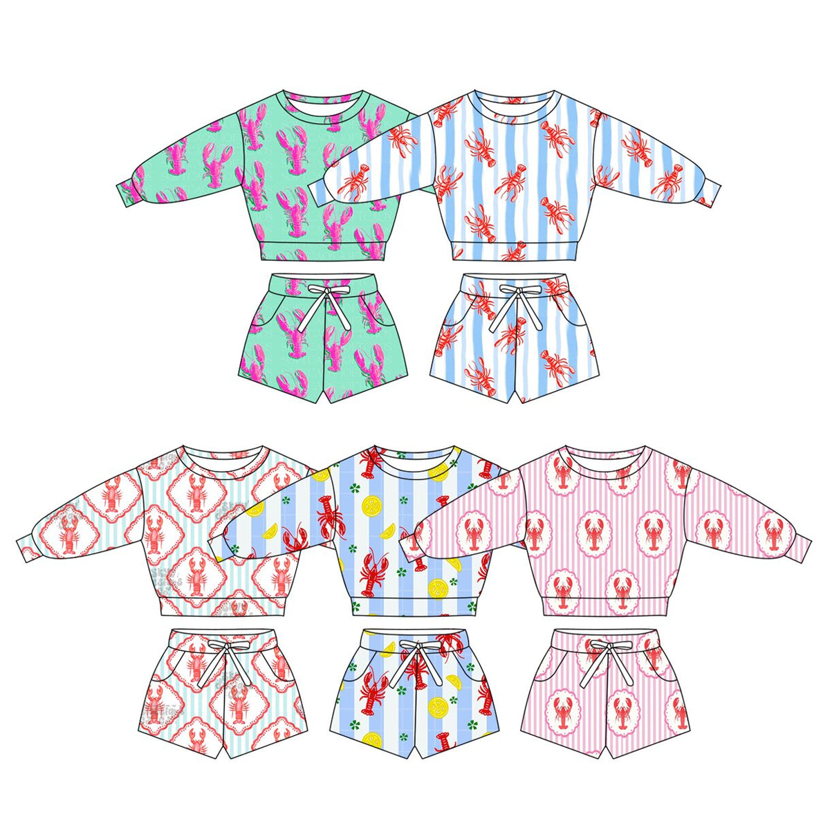 (Custom Design Preorder MOQ 5 Each) Crayfish Stripes Long Sleeve Top Pockets Shorts Girls Clothes Set Sisters Wear