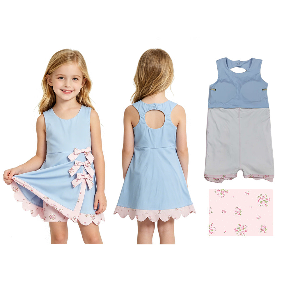 GSD3030 Pink Floral Bows Scallop Edge Baby Girls Blue Sleeveless Yoga Dress