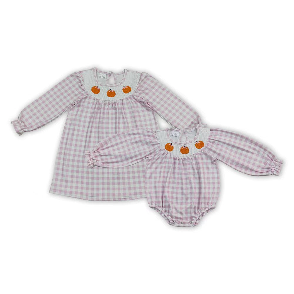Sibling Baby Girls  Embroidery Pumpkin Gingham Long Sleeve Smocked Dress and Bubble Romper