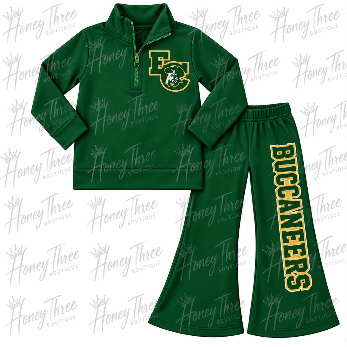 (Custom Design Preorder MOQ 5) Teams BUCCANEERS Print Green Zipper Pullover Top Bell Pants Woman Yoga Clothes Set