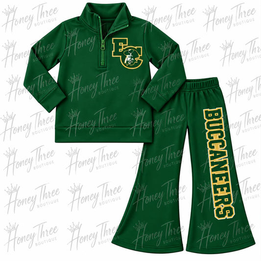 (Custom Design Preorder MOQ 5) Teams BUCCANEERS Print Green Zipper Pullover Top Bell Pants Woman Yoga Clothes Set