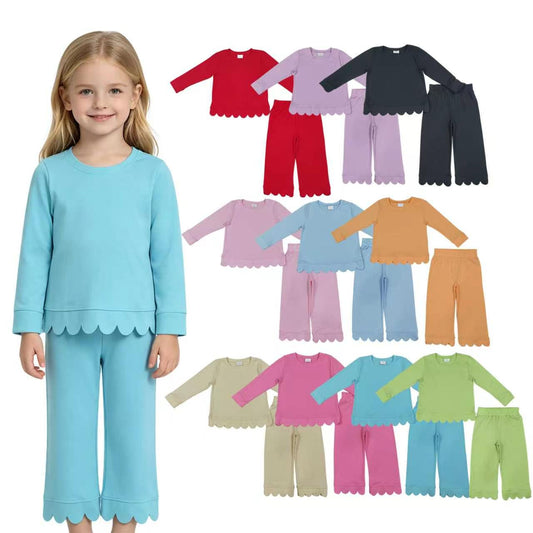 10 Colors Cotton Scallop Edge Long Sleeve Pants Girls Fall Clothes Set Sisters Wear