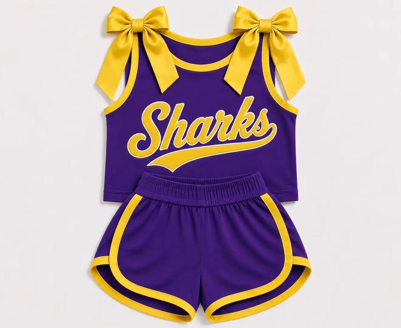 (Custom Design Preorder MOQ 5) Girls  Bow Strap Sharks Purple Tank  & Shorts Sport Team Outfit