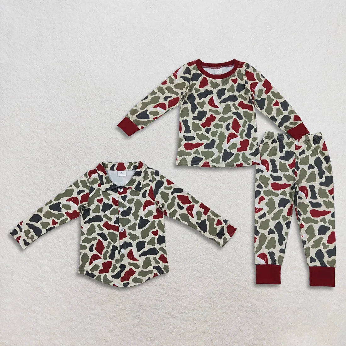 Sibling Baby Boys Christmas Green Red Camo Long Sleeve Pajama Set and Shirt Top