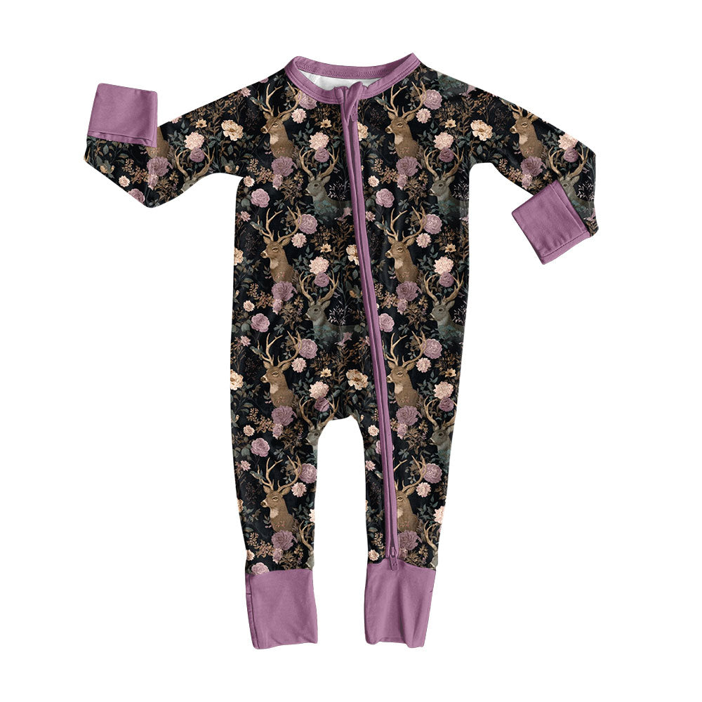 (Custom Design Preorder MOQ 5 ) Deer Flowers Print Baby Girls Fall Zipper Sleeper Romper