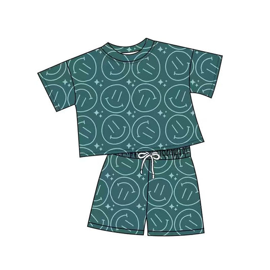 (Custom Design Preorder MOQ 5) Smiling Green Print Kids Summer Clothes Set