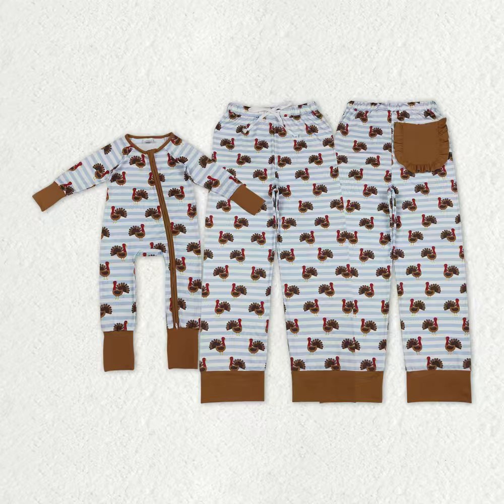 Mama and Me Thanksgiving Turkey Pajamas Pants Bottom Zipper Footie Rompers