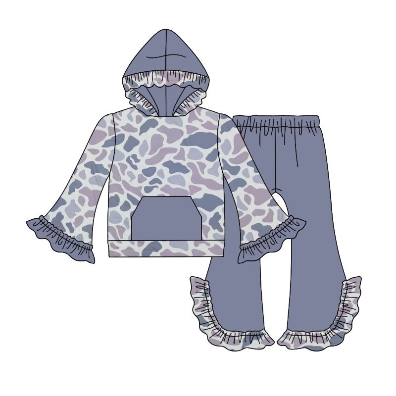 (Custom Design Preorder MOQ 5) Kids Girls Grey Camo Hoodie Top with Ruffle Pants Outfit