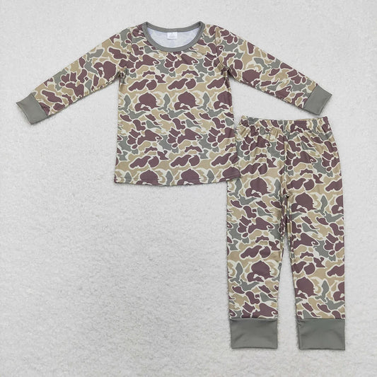 Sibling Baby Boys Hunting Green Camo Long Sleeve Pajama Set and Zipper Romper