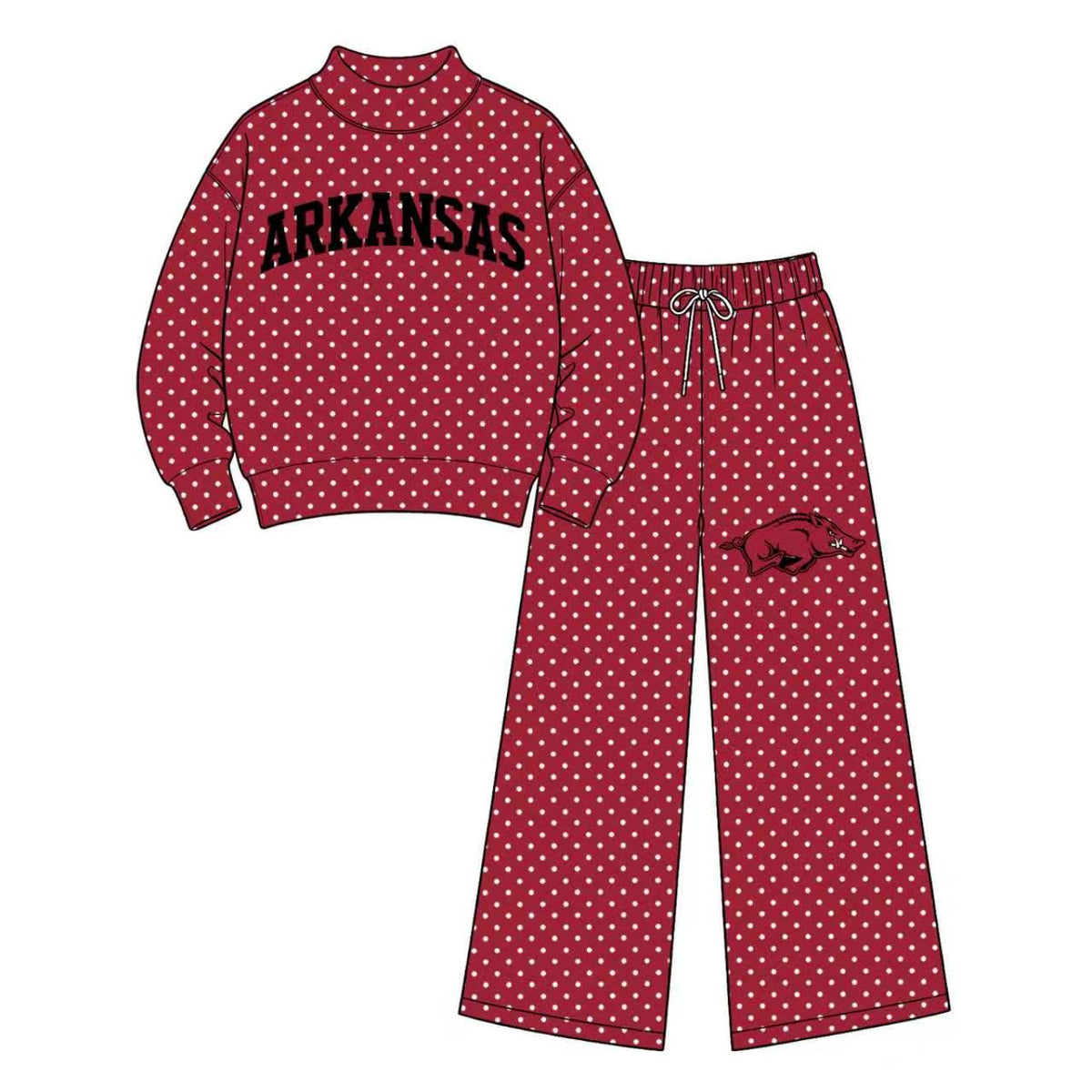 (Custom Design Preorder MOQ 5 Each) Teams ARKANSAS Polka Dots Mock Necks Wine Top Logo Pockets Pants Girls & Woman Clothes Set