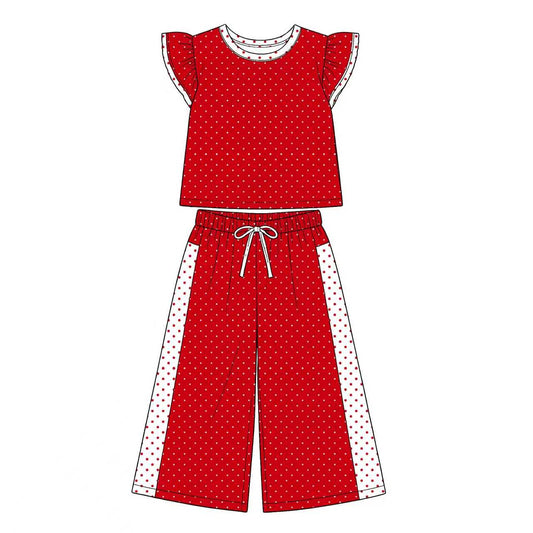 (Custom Design Preorder MOQ 5) Teams Red White Top Dots Straight Pants Girls Clothes Set