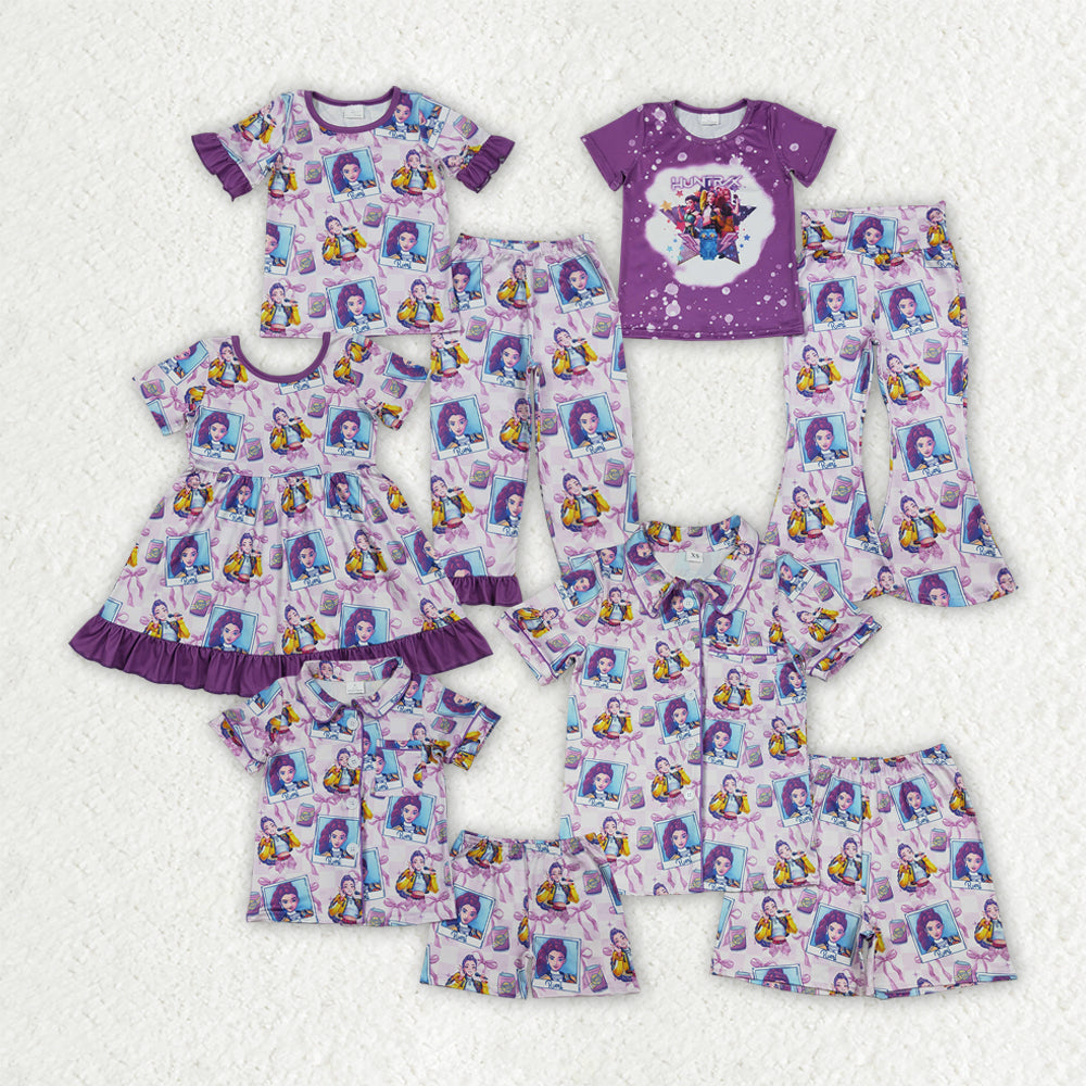Sibling Baby Girls Demon Hunter Bows Button Shorts Pajamas Set Ruffle Knee Length Dresses