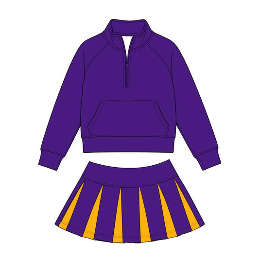 (Custom Design Preorder MOQ 5) Kids Girls Sport Team Purple Long Sleeve Pullover Top with Skort Outfit