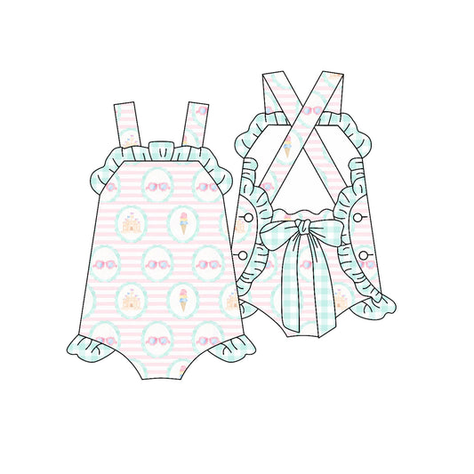 (Custom Design Preorder MOQ 5 ) Ice Cream Stripes Baby Girls Summer Strap Romper